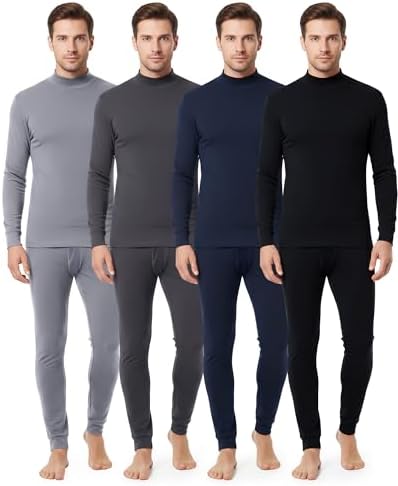 Jecery 4 Set Thermal Underwear for Men Cotton Thermals Turtleneck Underwear Warm Base Layer Top Bottom Set for Cold Weather