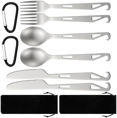 Hushee 6 Pcs Titanium Flatware Knife Fork Spoon Set Camping Utility Cutlery