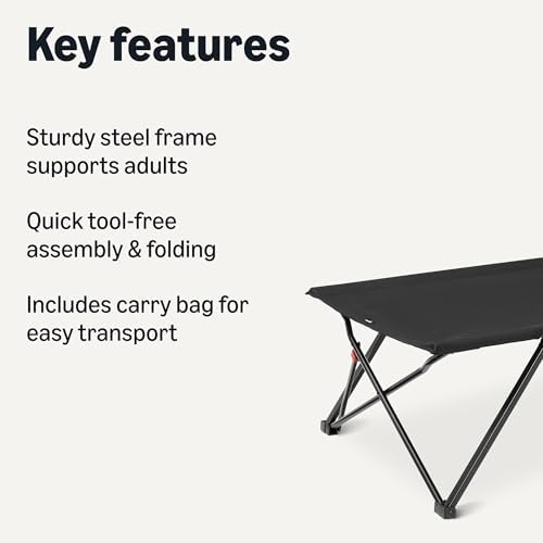 Amazon Basics Folding Camping Cot for Adults, 81.5 x 30.4 Inch Twin Size Steel Frame, 350 lb Capacity, Portable with Carry Bag, Black