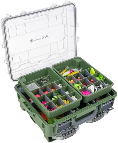 Fishing Tackle Box Organizer - Dual Layer Heavy Duty Plastic Tacklebox Storage Box with Adjustable Dividers and 2 Removeable Tackle Trays - Fishing Gear and Equipment by Wakeman Outdoors (Green)