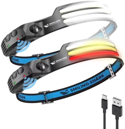 Smiling Shark LED Headlamps, 230°Wide Angle 3*Multi-Color Light Strips 2 Packs Head Lamp Rechargeable Waterproof Headlight for Camping Hiking Outdoor, Head-Lamp-LED-Hat-Light