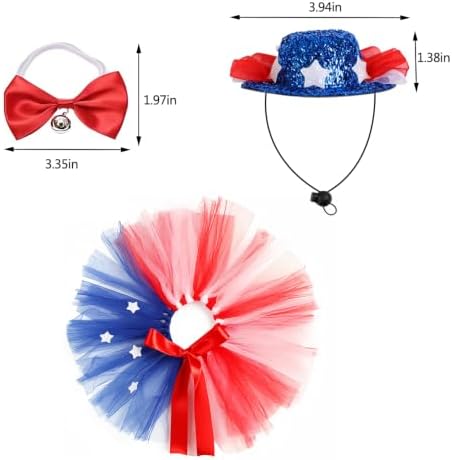 3 PCS Dog 4th of July Outfit, Cat Dog Costume Patriotic 4th of July with Tutu Skirt, Bowtie Collar and Hat Set, Independence Day Pet Accessories for Small Medium Dogs Cats