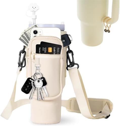 dabria Water Bottle Carrier Bag with Phone Pocket for Stanley 40 oz Tumbler Neoprene Water Bottle Holder Pouch with Adjustable Strap Bollus with Straw Cover & Letter Charm for Stanley Cup Accessories