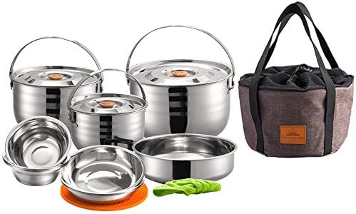 CAMPINGMOON Camping Cookware Set Stainless Steel Outdoor Nesting Cooking Mess Kit Pots Pans Bowls with Storage Carrying Tote Bag