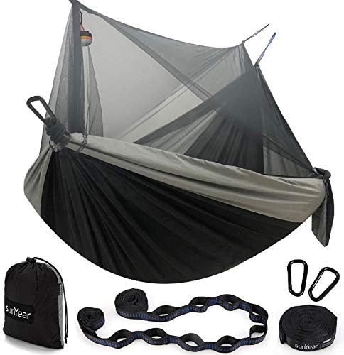 Sunyear Hammock Camping with Net/Netting, Portable Camping Hammock Double Tree Hammock Outdoor Indoor Backpacking Travel & Survival, 2 Tree Straps (16+1 Loops Each, 20Ft Total)