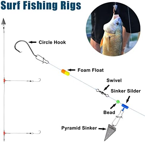 Surf Fishing Tackle Kit Ocean Saltwater Fishing Lures Surf Fishing Gear Fish Finder Rigs Pompano Rig Pyramid Sinker Weight Fishing Hooks Swivels Various Accessories