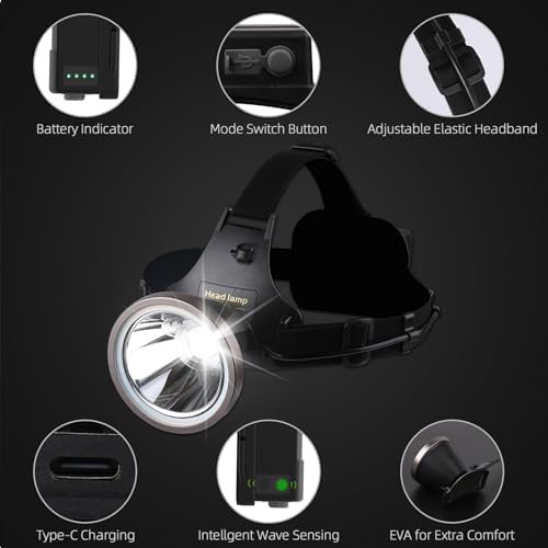 Led Bright Headlamp USB C Rechargeable Head Lamp with Battery Powered for Adult- Adjustable Motion Sensor Headlamps Flashlight Waterproof Searchlight for Hunting,Fishing