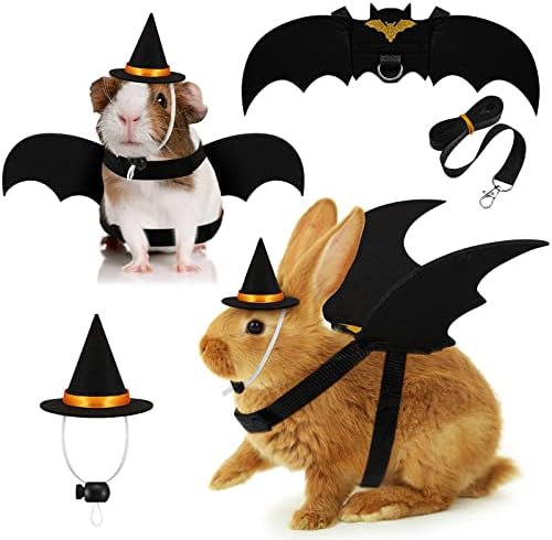 Halloween 2 Sets Pet Costume Bat Wings Harness Leash Bat Wing Witch Hats Pulling Rope for Small Animals Guinea Pig Rabbits Puppies and Small Cats