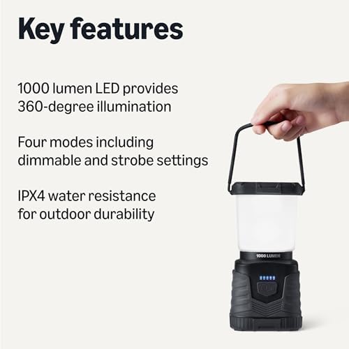 Amazon Basics Camping Essentials Lantern, 360-Degree 1000 Lumen LED, Adjustable Dimmable with 4 Lighting Modes, Water Resistant IPX4, Black (Batteries Not Included)