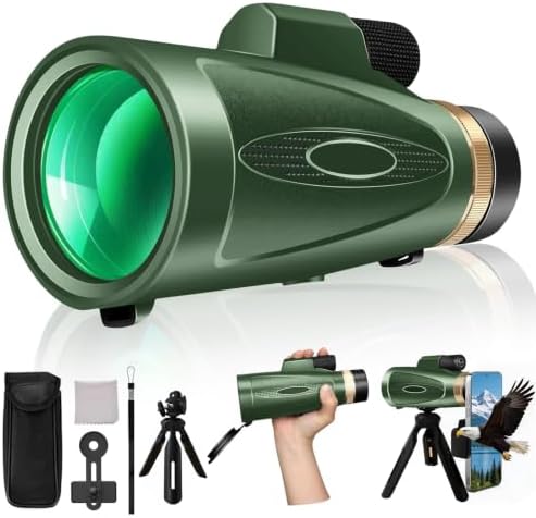 Monocular Telescope 12X60 HD High Power with Smartphone Adapter Tripod Larger Vision Monoculars for Adults with BAK4 Prism & FMC Lens Suitable for Bird Watching Hiking Camping Wildlife-Green