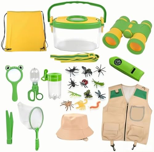 Kids Explorer Kit & Bug Catcher Kit, 23 Pcs Outdoor Adventure Set with Vest & Hat, Binoculars, 12 Insect Figures,Camping Hiking Toys Gift for Boys Girls Age 3-8