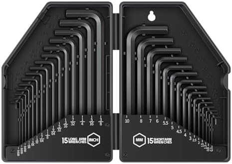 Reniteco 30 PCS Hex Head Key Allen Wrench Tool Set Organizer Kit Alloy Steel L Shape Black Metric (0.7-10 mm) SAE (0.028"-3/8") Standard In Storage Case Long Short Arm