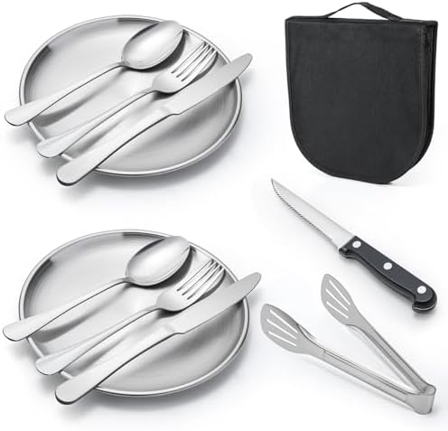 Outdoor Camping and Picnic Tableware Set, Stainless Steel Knives, Forks, Spoons, Plates, Food Tongs, Portable Tableware Set with Storage Bag
