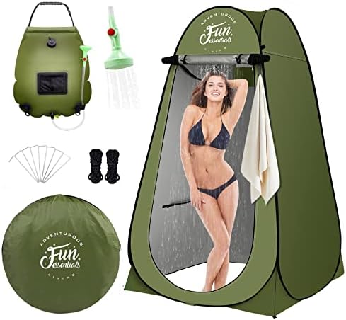 FUN ESSENTIALS Solar Shower Tent Kit, 2 Pcs, Instant Pop Up Privacy, Shower Tent, 5 Gallon Solar Shower Bag, Sun Canopy Beach Outdoor Camp Privacy, Easy Set Up, Foldable