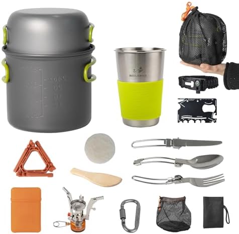 Camping Cookware Mess Kit, 16 pcs Backpacking Cooking Set, Lightweight Camping Pots and Stove Set for 1-2 Person, Outdoor Cooking Gear Ideal for Camping, Hiking, Backpacking and Picnic