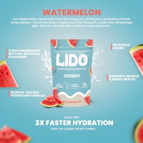 LIDO Watermelon Electrolyte Powder Packets — Zero Sugar Hydration Drink Mix Packets with Trace Minerals & Sea Salt — Keto, Paleo & Fasting Friendly — Watermelon Drink Mix for Recovery, 28 Sticks