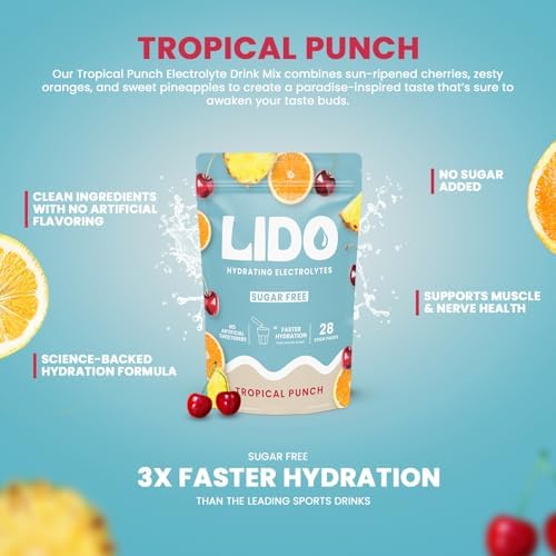 LIDO Tropical Punch Electrolyte Powder Packets — Zero Sugar Hydration Drink Mix Packets with Trace Minerals & Sea Salt — Keto, Paleo & Fasting Friendly — Fruit Punch Drink Mix for Recovery, 28 Sticks