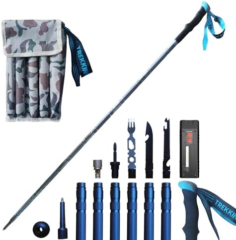 Versatile Trekking Pole with Accessories - Ideal for Hiking with Excellent Foam Grip Lightweight, Durable Tungsten Carbon Tip. Adjustable Length, Collapsible, Canvas Carry Bag