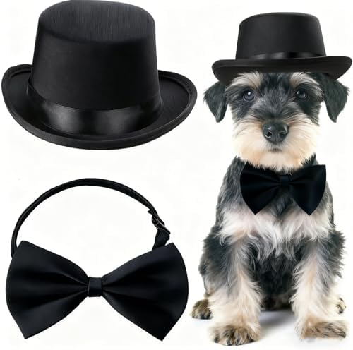 Qiansail 2Pcs Pet Formal Accessories Set Wedding Dog Top Hat with Bowtie Cat Tuxedo Necktie Costumes for Halloween Birthday Party, Polyester, Black