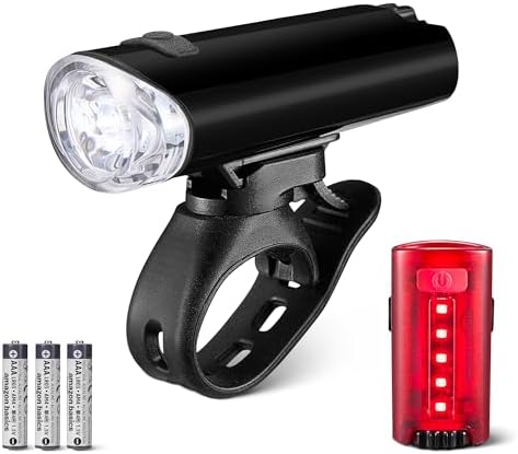 Amazon Basics Bike Lights for Day/Night Riding, Bicycle Lights Front and Back, Headlight Black, Taillight Red, Three Lighting Modes, Versatile Mounting Options
