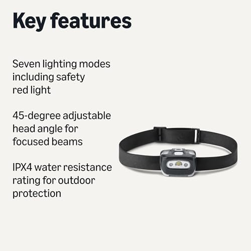 Amazon Basics Outdoor and Camping Essentials Headlamps, 45-Degree Adjustable, 7 Lighting Modes with Red Light, Water Resistant, 2-Pack, Black