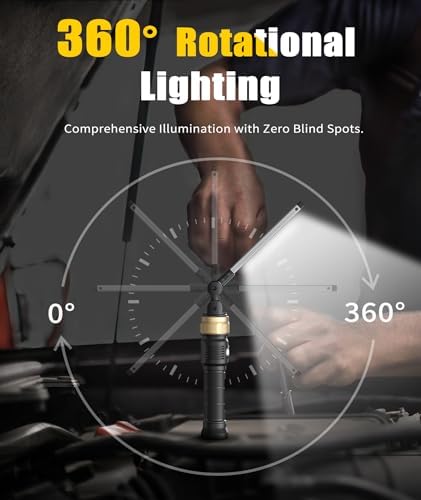 HOTLIGH Rechaegeable Work Light, 5000mAh Magnetic Flashlight with 360° Rotate Foldable Design, 1200 Lumens Led Work Light, Mechanic Light for Car Repairing/Emergency,Fathers Day Dad Gifts