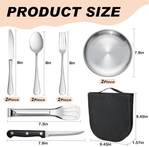 Outdoor Camping and Picnic Tableware Set, Stainless Steel Knives, Forks, Spoons, Plates, Food Tongs, Portable Tableware Set with Storage Bag