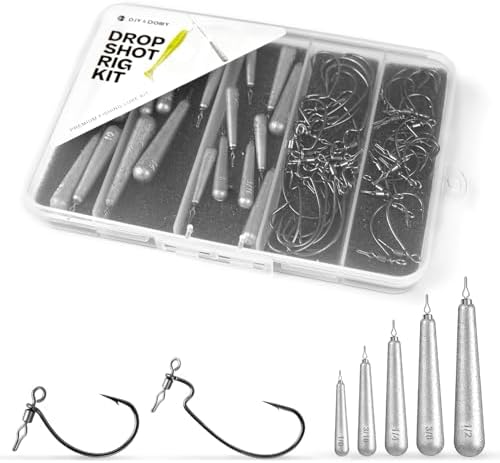 52-Pack Drop Shot Rig Kit - 8 Sizes Swivel Hooks (32 Pcs) & 20 Weights (1/8oz to 1/2oz) - Quick Dropshot Rigging for Bass Fishing