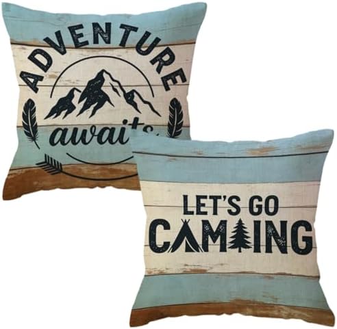 ULOVE LOVE YOURSELF Adventure Awaits Throw Pillow Cover Let’s Go Camping Cushion Covers Cabin/Camper Decorative Pillowcases 18 x 18 Inch,Set of 2