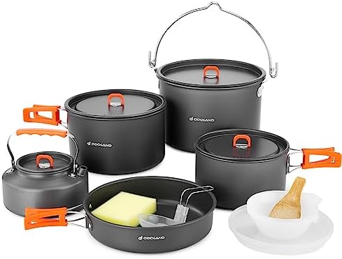 Odoland 18pcs Camping Cookware Large Size Hanging Pot Pan Kettle Set with Plastic Plates Bowls Soup Spoon for Camping, Backpacking, Outdoor Cooking and Picnic