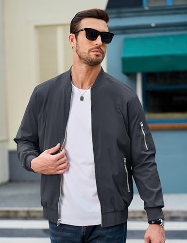 MAGCOMSEN Bomber Jacket Men Bomber Jacket Full Zip Up Lightweight Jackets with Pocket Casual Jacket Dark Grey,2XL