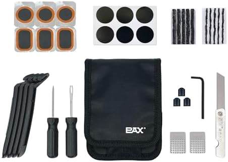 PAX 36Pcs Bike Tire Flat Repair Tool Kit Bag, Including Tube Patches, Tire Strip Plugs, Glueless Repair Kit, Nylon Tire Lever, Handle Tool, Valve Cap, and Metal Buffer, for Road, Mountain Bicycle