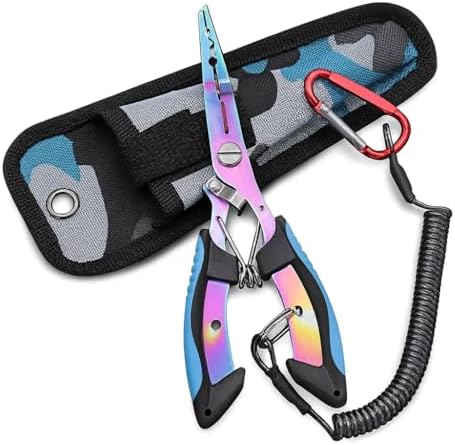 Premium Saltwater & Freshwater Fishing Pliers – Rainbow Titanium-Coated Rust-Resistant Multi-Tool with Tungsten Carbide Line Cutters, Split-Ring Tip, Non-Slip Ergonomic Grip & Coiled Lanyard