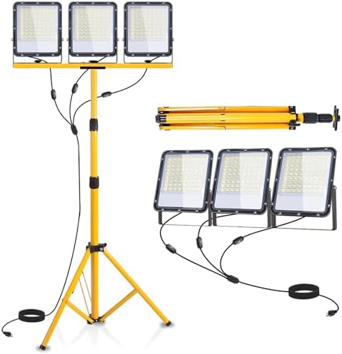 50000Lumen LED Work Lights with Stand - 3 Head Portable Work Light with IP65 Waterproof, Adjustable Stand, 16ft Cord for Construction Sites, Garage, Warehouse Lighting - Indoor Outdoor