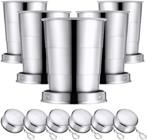 Tessco for you 6 Pieces Collapsible Shot Glasses Stainless Steel Collapsible Cup Reusable Portable Travel Folding Cup with Lid and Keychain for Camping Hiking Cycling(5 oz)