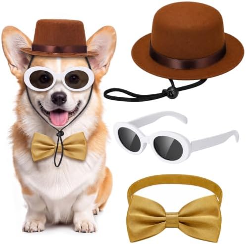 Reginary 3 Pcs Halloween Pet Costume Brown Top Hat Retro Glasses and Bow Tie for Dog Cat Retro Pets Cosplay Accessories Chocolate Sweet Candy Movie Character Dress up for Halloween Party