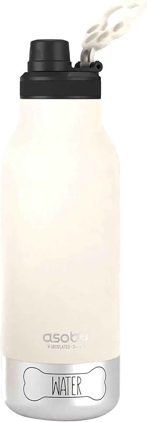 asobu Barky Bottle a Stainless Steel Insulated Water Bottle for with Removable Dog Water Bowl and Dog Food and Treat Storage Bowl (White, 34 oz Water Bottle | 2 Bowls)
