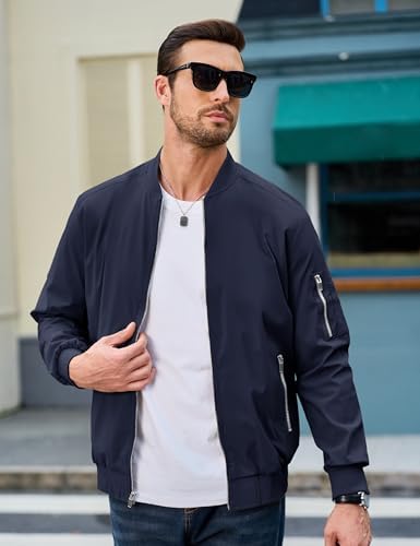 MAGCOMSEN Bomber Jacket Men Lightweight Jackets for Men Full Zip Up Bomber Light Coat with Pocket Casual Jacket Navy,M