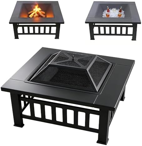 3-in-1 Multifunctional Square Fire Pit Table, 32-Inch Outdoor Metal Fire Pit with Ice Bucket, Black Powder Coated Iron, Charcoal Fueled