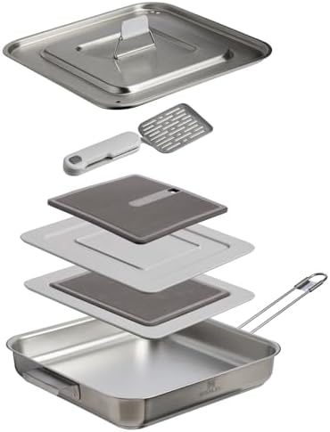 Stanley Wildfare Pro 5-Piece Stainless Steel Square Pan Cook Set | 10 in Fry Pan with Fold & Lock Handle | Cutting Board and Spatula | Camping Essentials for Your Camp Kitchen | BPA-Free