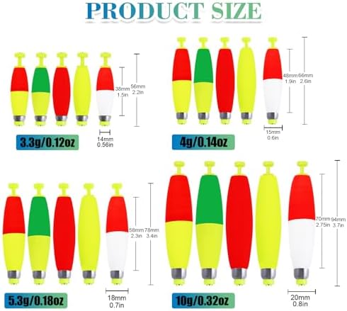 Weighted Fishing Bobbers 10-Pack - Slip Bobbers for Catfish, Panfish with Spring-Loaded Clip & Bottom Weight | 3 Sizes & 5 Multi-Color Styles (EVA Foam Floats)