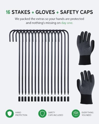 16 Inch J Hook Rebar Stakes 16 Pack, Heavy Duty 8mm Black E-Coated Metal Ground Stakes, Tent Anchors for Trampoline, Chain Link Fence, Canopy & Tarp, with Work Gloves & Safety Caps