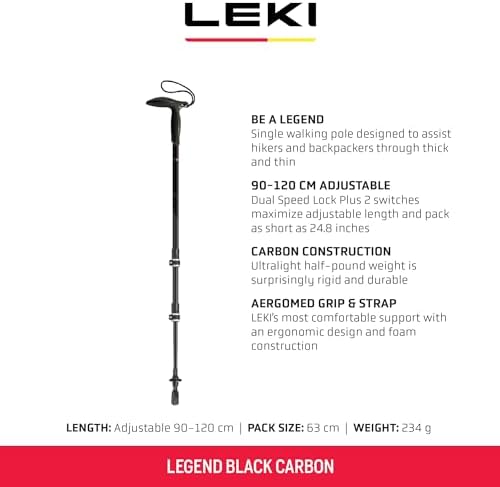 LEKI Legend Black Carbon Trekking Pole (Single) | Adjustable, Lightweight Hiking Stick