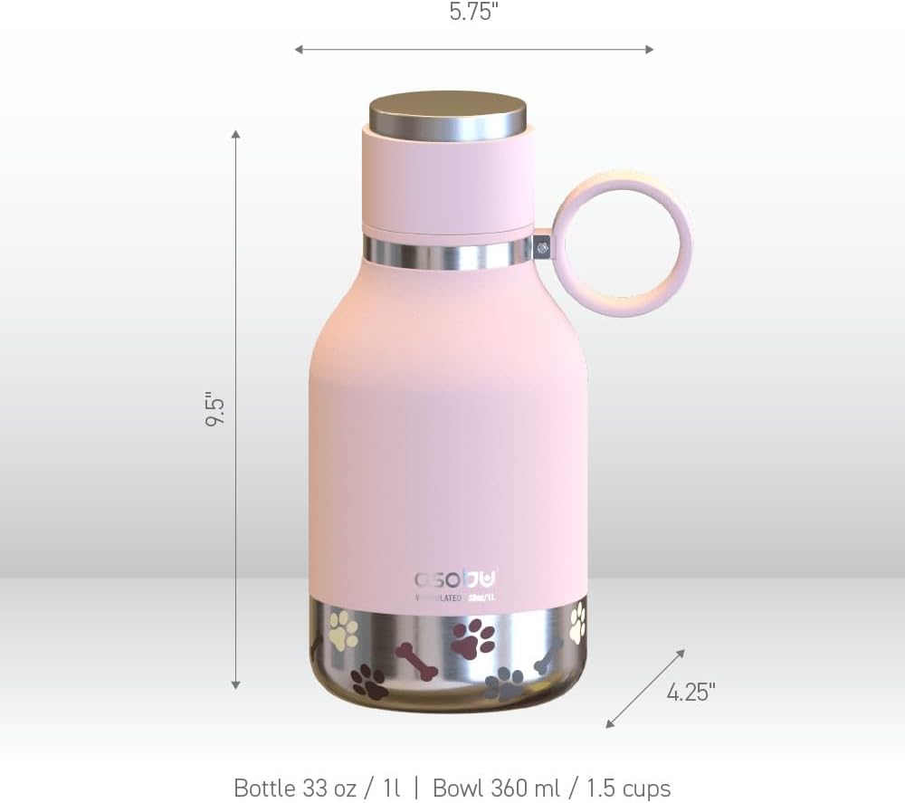 asobu Buddy Bottle, a Stainless Steel Insulated Water Bottle with Removable Dog Water Bowl and Dog Food and Treat Storage (Pink, 37 Oz)