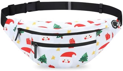 MAXTOP Large White Christmas Fanny Pack with 4-Zipper Pockets, Christmas Gifts for Enjoy Festival Sports Workout Traveling Running Casual Hands-Free Waist Pack Crossbody Phone Bag Carrying All Phones
