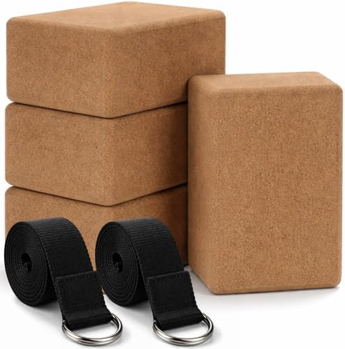 Leitee 6 Pcs Cork Yoga Blocks with Straps 9 x 6 x 4 Inch Cork Yoga Brick 8.2 FT Strap Non Slip High Density Bricks Exercise Blocks for Physical Stretching Flexibility Balance Fitness Pilates