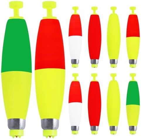 Weighted Fishing Bobbers 10-Pack - Slip Bobbers for Catfish, Panfish with Spring-Loaded Clip & Bottom Weight | 3 Sizes & 5 Multi-Color Styles (EVA Foam Floats)