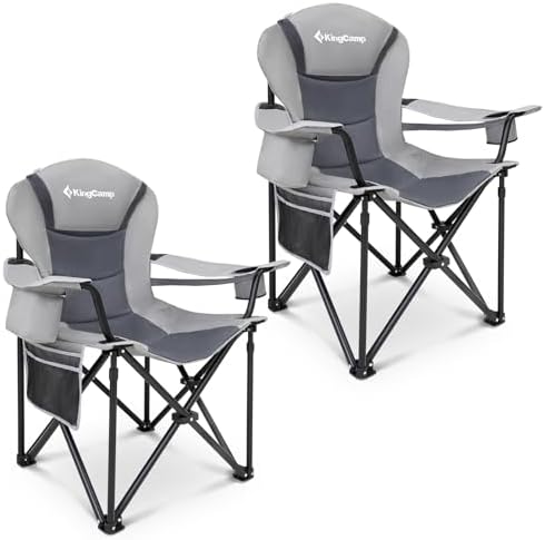 KingCamp Oversized Camping Folding Chair with Lumbar Support, Heavy Duty Ergonomic Padded Arm Chair with Cooler Bag, Cup Holder, Portable for Outdoor