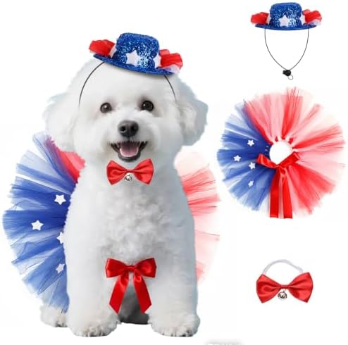 3 PCS Dog 4th of July Outfit, Cat Dog Costume Patriotic 4th of July with Tutu Skirt, Bowtie Collar and Hat Set, Independence Day Pet Accessories for Small Medium Dogs Cats