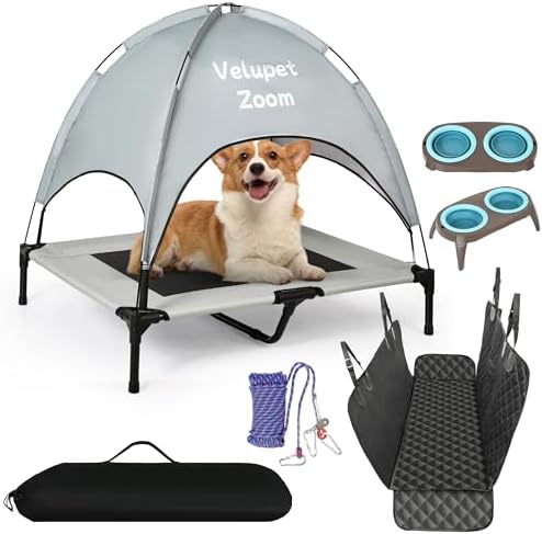 4-in-1 Pet Travel & Outdoor Set, Include 36in Gray Elevated Dog Bed with Canopy, Dog Canopy Bed, Pet Back Seat Cover, 50ft Tie Out Cable, Collapsible Double Pet Bowls